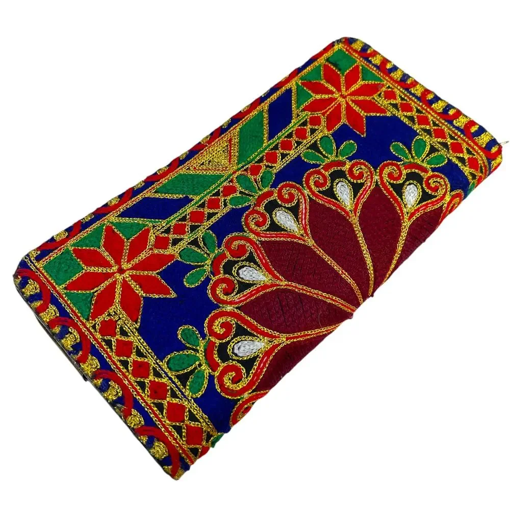 Boho Multicolor Chain Stitch Embroidered Zip Around Wallet Clutch